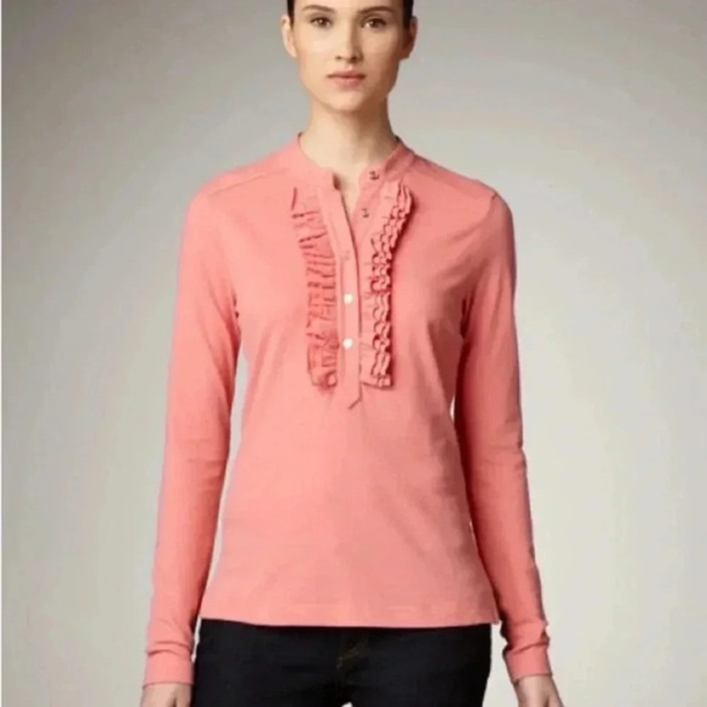 Tory Burch Coral Pink Long Sleeve Ruffle Polo Top